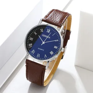 Business quartz watch with blue sunray dial, Roman numerals, and brown leather strap