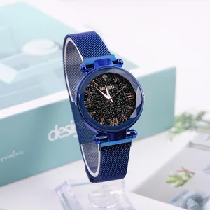 Montre à quartz pour femme avec cadran étoilé bleu et bracelet magnétique en maille