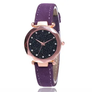 Elegant women's quartz watch with purple leather strap and starry sky rhinestone dial
