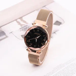 Montre à Quartz pour Femme Ciel Étoilé avec Bracelet en Maille Milanaise Magnétique Cadran à Chiffres Romains Verre Facetté