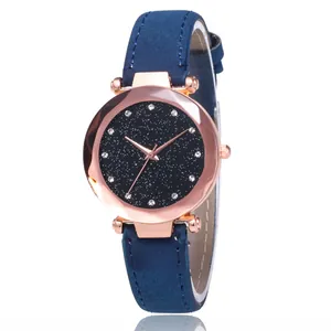 Fashionable women's quartz watch with blue starry dial and rose gold rhinestone case