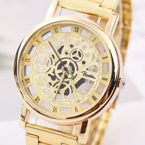 Montre à Quartz Squelette Décontractée Pour Hommes Chiffres Romains Cadran Creux Bracelet En Alliage Métallique Montre Mode Cadeau