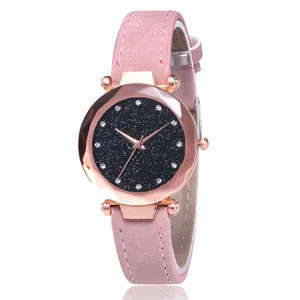 Women's quartz watch with pink leather strap, starry sky dial, and rose gold case