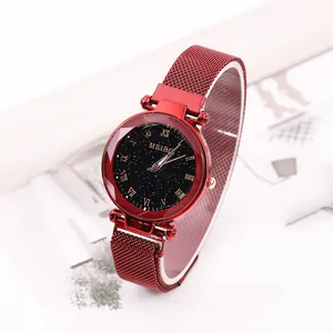 Montre quartz femme cadran ciel étoilé avec bracelet en maille bordeaux et chiffres romains