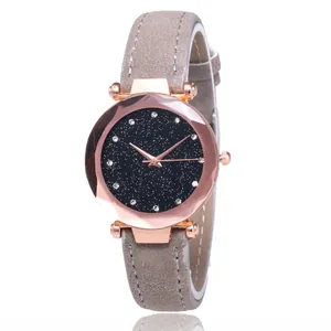 Elegant women's quartz watch with starry blue dial, rhinestone markers, and grey suede strap