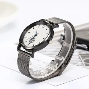 Minimalist watch with grey Milanese mesh strap and white dial shown in a 45-degree angle