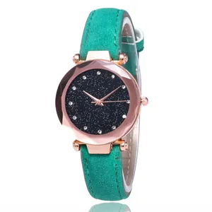 Detailed view of women star dial watch with teal leather strap and faceted gold case