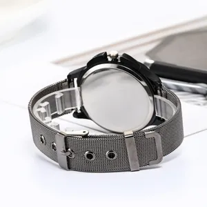 Black fashion quartz watch for women with sparkling crystal dial and mesh steel strap