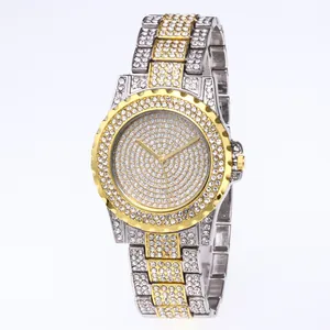 Luxury iced-out women's quartz watch with sparkling rhinestones and gold-tone steel band