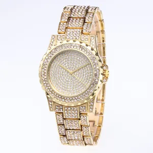 Luxurious gold iced out quartz watch for women with full crystal encrusted metal strap