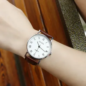 Classic men's quartz watch with roman numerals white dial and brown leather strap