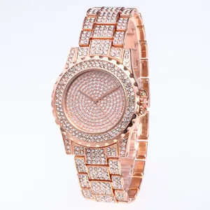 Luxury rose gold women's quartz watch with full sparkling crystals on dial and band