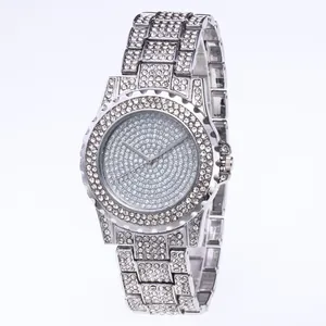 Elegant silver quartz watch for women fully iced out with sparkling white rhinestones