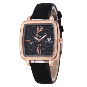 Women's square rose gold watch with black starry sky dial and faux leather strap