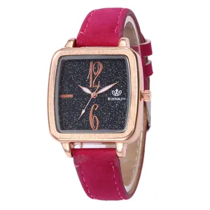 Women's Fashion Square Quartz Watch With Rose Gold Alloy Case And Starry Sky Glitter Dial Faux Leather Strap Casual Wristwatch