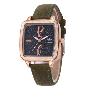 Elegant women's square quartz watch with starry black dial and green faux leather strap