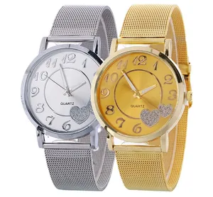 Fashion Women Heart Pattern Dial Quartz Watch Alloy Milanese Mesh Band Gold Silver Ladies Elegant Analog Wristwatch