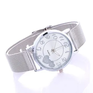 Silver women's quartz watch with heart pattern dial and stainless steel mesh strap