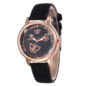 Montre quartz femme ciel étoilé minimaliste avec papillons or rose et bracelet noir
