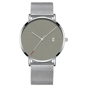 Minimalist silver men's watch with mesh band and calendar display on grey dial