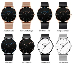 Matrix view of multiple Geneva quartz watches with colorful alloy mesh bands and large dials