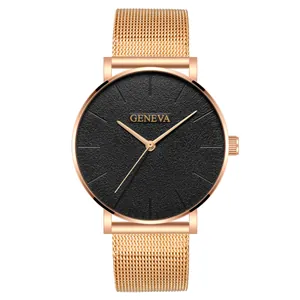 Minimalist Geneva quartz men's watch with rose gold mesh band and black frosted dial