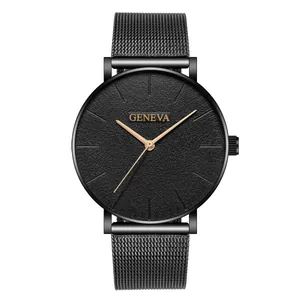 Geneva minimalist men's quartz watch with black matte dial and Milanese mesh strap