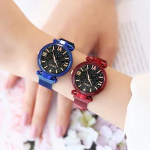 Damen-Armbanduhr mit Magnetverschluss, Sternenhimmel-Zifferblatt und römischen Ziffern