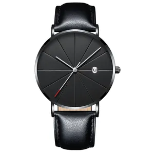 Close-up of minimalist black watch face with radial geometric lines and date calendar display