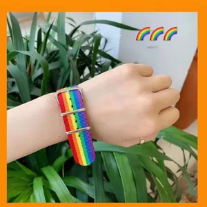 Bracelet NATO en nylon rayé arc-en-ciel avec boucle en métal argenté au poignet