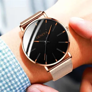 Minimalist men's business quartz watch with rose gold mesh strap and black dial