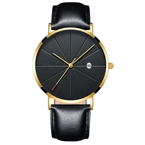 Close-up of black sunray dial, gold case, and date window on men's leather watch