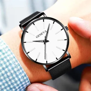 Close-up of a men's quartz watch with white dial and black mesh band on a wrist