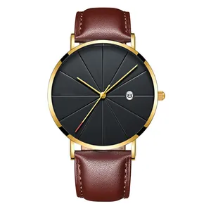 Detailed view of quartz watch featuring black dial, date window, and brown leather strap