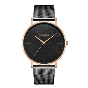 Minimalist quartz watch with black textured dial, rose gold case and mesh band