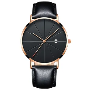 Close-up of black dial quartz watch with rose gold case and date display at 8