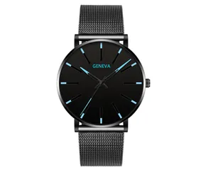 Close-up of Geneva mesh strap watch with black dial and blue hour markers