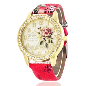 Γυναικείο Retro Floral Ρολόι Quartz Μόδα με Στρας Χρυσή Κάσα Λουράκι από Τεχνητό Δέρμα Casual Αναλογικό Ρολόι Χειρός