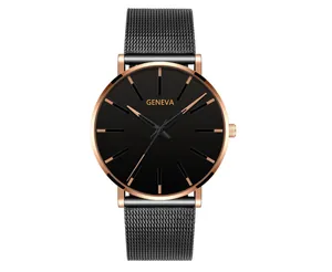 Detail of Geneva black dial watch with rose gold case and Milanese mesh steel strap