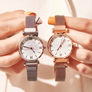 Damen Sternenhimmel Quarzuhr Mit Legierung Mesh-Armband Strass-Zifferblatt Römische Ziffern Magnetverschluss Mode Armbanduhr