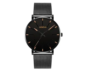 Detail of Geneva black mesh watch showing matte dial and rose gold markers