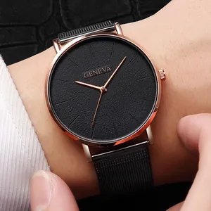 Minimalist Geneva quartz watch with rose gold case and black mesh stainless steel strap