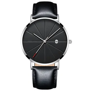 Close-up of black dial men's quartz watch with date window and silver stainless steel case