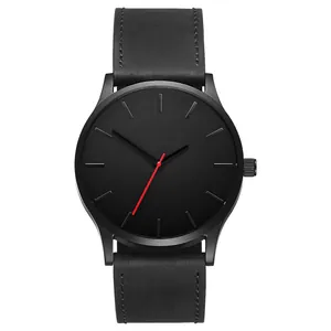 Minimalist Men Quartz Watch Alloy Case Frosted Faux Leather Strap Red Second Hand Large Dial Business Casual Wristwatch