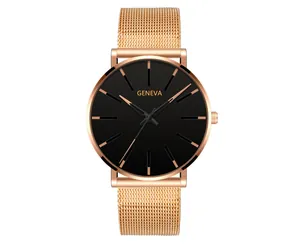 Detail of rose gold mesh strap and minimalist black dial of the Geneva quartz watch
