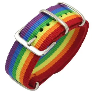Bracelet de montre en nylon rayé arc-en-ciel avec boucle en acier inoxydable argenté