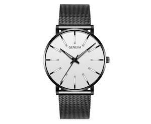 Close-up of Geneva minimalist watch dial with silver indices and black mesh strap