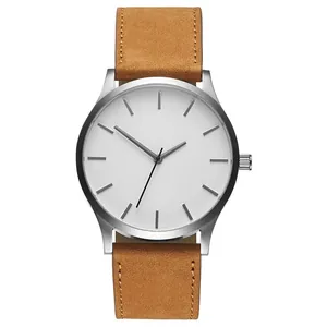Minimalist men's quartz watch with large white dial and light brown suede leather strap