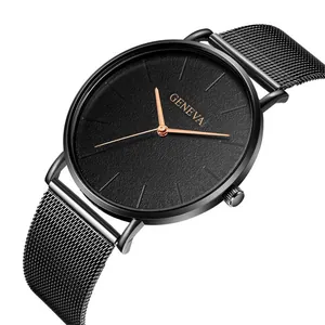 Minimalist men's black quartz watch with mesh steel strap and rose gold markers