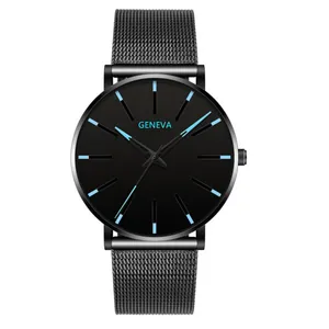 Minimalist black alloy mesh strap watch with blue index markers and Geneva dial